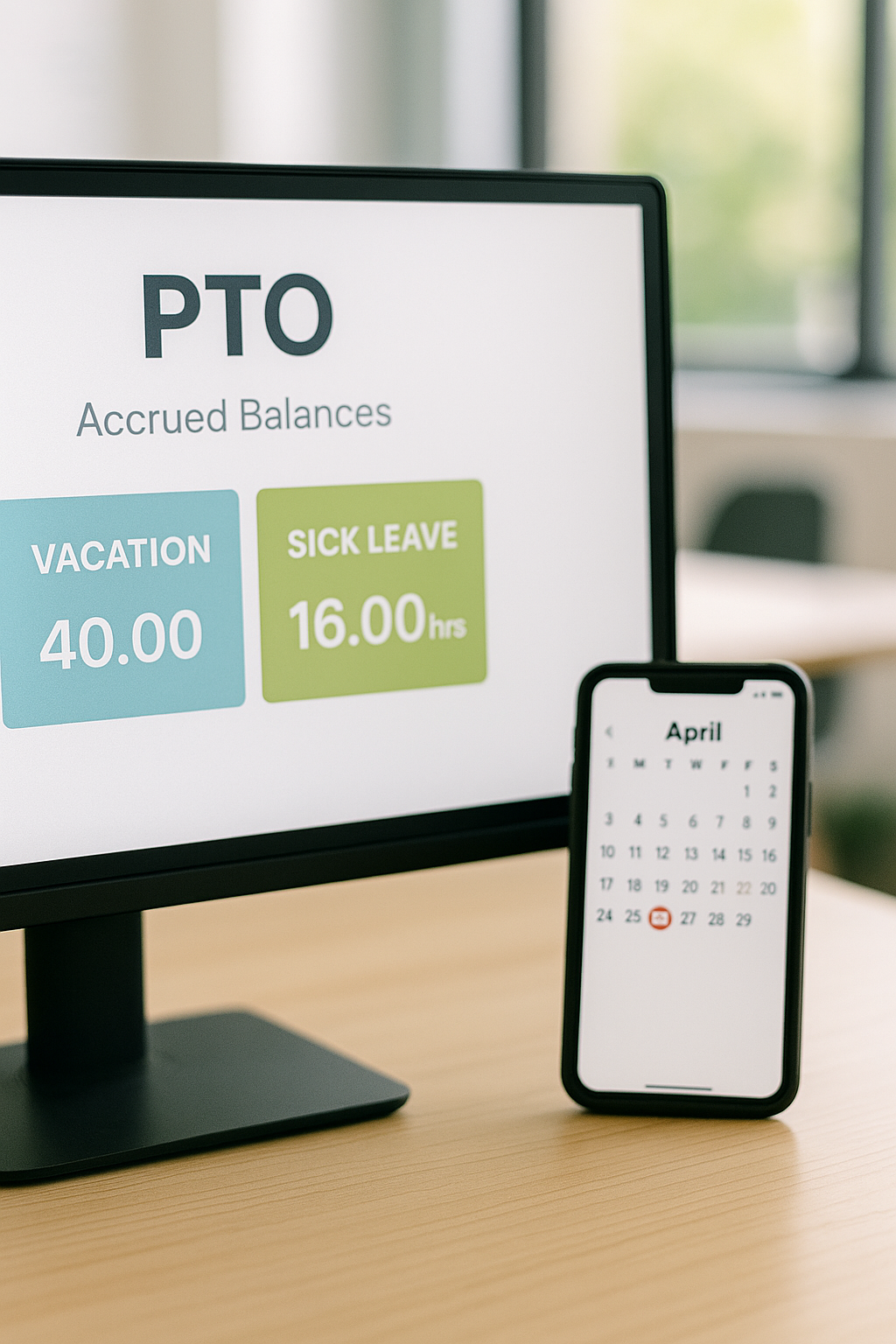 HR dashboard showing accrued vacation and sick&#8209;leave balances on a desktop screen, with a mobile calendar next to it marking approved time&#8209;off dates.