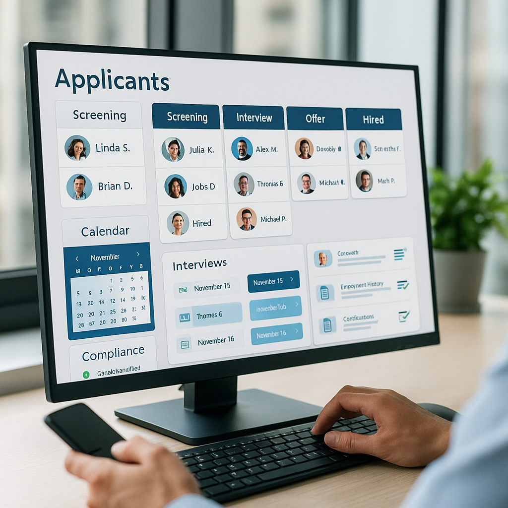 Recruiter’s computer screen displaying an applicant‑tracking dashboard with a kanban‑style candidate pipeline, interview schedule calendar and compliance status icons.